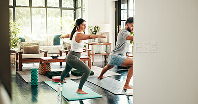Buy stock photo Warrior pose, yoga and couple stretching for exercise, mobility workout or healthy body together. Yogi, man and woman in home for wellness, practice balance and pilates with flexibility for fitness