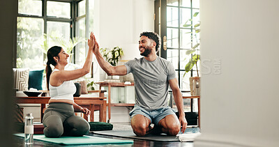 Buy stock photo Active, couple and high five for yoga at home for exercise success, fitness break and wellness goals. Smile, people and agreement for workout, holistic achievement and celebration of bonding together