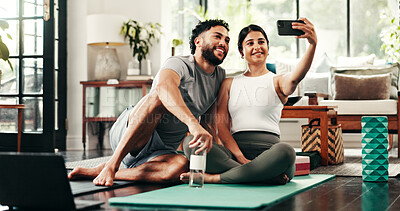 Buy stock photo Couple, selfie and bonding with fitness, living room and yoga mat for exercise, smile and post on web blog. Woman, man and smartphone for memory, profile picture and social media on floor in home