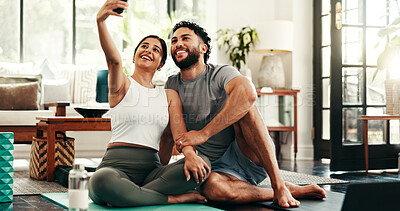 Buy stock photo Couple, selfie and smile with fitness, living room and yoga mat for exercise, bonding and post on web blog. Woman, man and smartphone for memory, profile picture and social media on floor in home