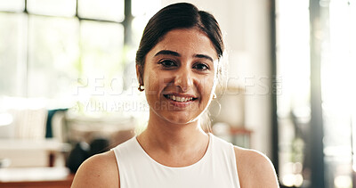 Buy stock photo Portrait, exercise and yoga with woman in living room of home for health, pilates or wellness routine. Fitness, holistic and smile with Indian person on floor of apartment for mindful balance