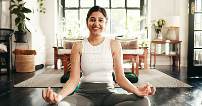 Buy stock photo Portrait, meditation and yoga with woman in living room of home for health, pilates or wellness routine. Exercise, fitness and holistic with Indian person on floor of apartment for mindful balance