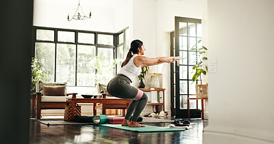 Buy stock photo Home, squat and woman with resistance band, fitness and pilates training in lounge. Person, stretching or girl in living room, wellness or challenge with exercise, health or workout  with balance