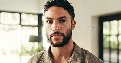 Buy stock photo Portrait, confidence and serious with man in home for relax, peace and calm on staycation in house. Face, living room and male person with pride, wellness and break on weekend in apartment in India