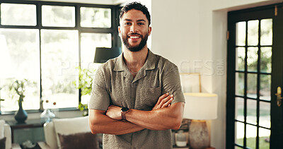 Buy stock photo Portrait, smile and man in home with arms crossed for confidence, hospitality or pride as motel owner. Face, happy and male person in living room with lodge, accommodation and hotel entrepreneur