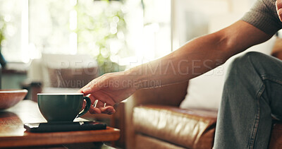 Buy stock photo Relax, hands and coffee with man on sofa in lounge for peace, calm and caffeine beverage. Break, espresso and morning with closeup of person in living room at home for latte cup, drinking and mug