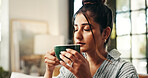 Relax, smell and coffee with woman on sofa in lounge for aroma, calm and caffeine beverage. Inspiration, espresso and morning with person in living room at home for latte cup, drinking and break