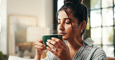 Buy stock photo Relax, smell and coffee with woman on sofa in lounge for aroma, calm and caffeine beverage. Inspiration, espresso and morning with person in living room at home for latte cup, drinking and break