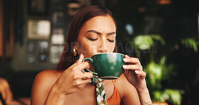 Buy stock photo Drinking, coffee and woman in cafe, relax and customer with hot beverage in morning, latte and enjoy. Break, consumer and person with cup in shop, calm and aroma of tea in store, taste or flavor