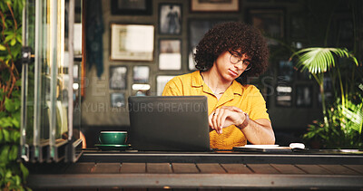 Buy stock photo Student, time and laptop with man in cafe on campus for college research, education or learning portal. University website, watch and deadline with person in restaurant for online and scholarship