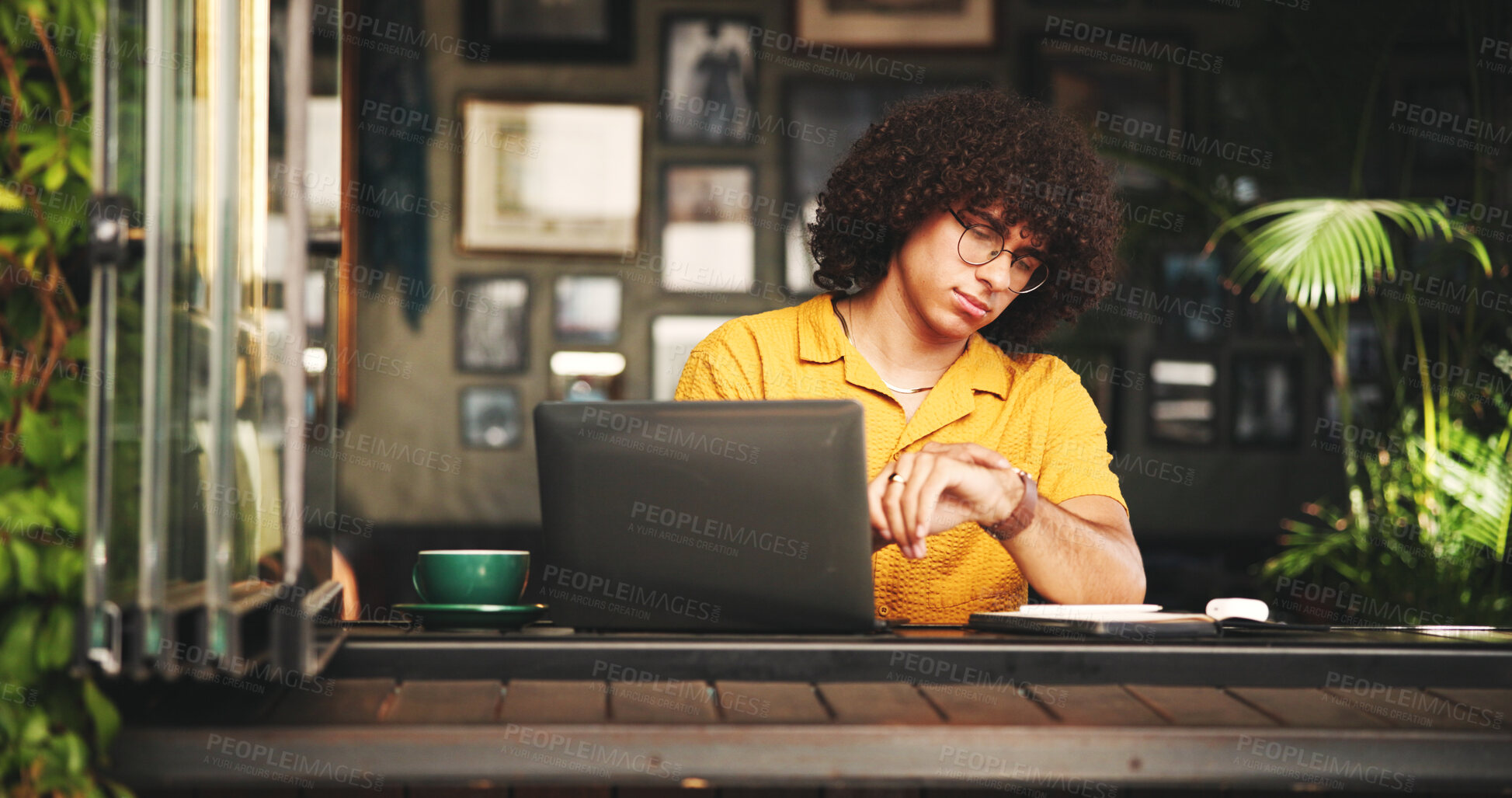 Buy stock photo Student, time and laptop with man in cafe on campus for college research, education or learning portal. University website, watch and deadline with person in restaurant for online and scholarship