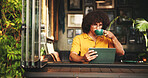 Student, drink and tablet with man in cafe on campus for college research, education or learning portal. University website, reading and coffee with person in restaurant for online and scholarship