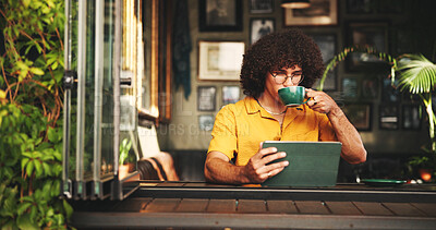 Buy stock photo Student, drink and tablet with man in cafe on campus for college research, education or learning portal. University website, reading and coffee with person in restaurant for online and scholarship