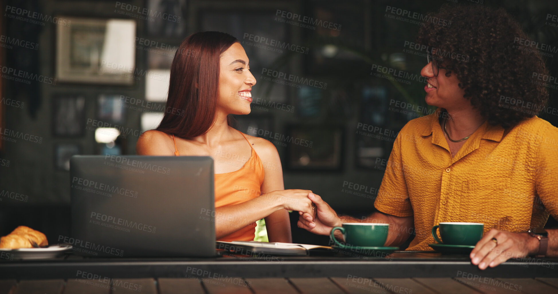 Buy stock photo Handshake, laptop and talking with people in coffee shop together for first date, flirting or meeting. Computer, conversation or smile with man and woman shaking hands in cafe for hospitality