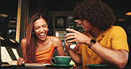 Cafe, couple and coffee with laughing for joke, bonding together and connection with to do list. Restaurant, woman and man with happiness for tea drink, funny conversation and relationship with notes