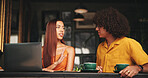 Disagreement, couple and talking in cafe, upset and conversation in morning, relationship and argument. Communication, fight and woman with man in coffee shop, laptop and unhappy in restaurant