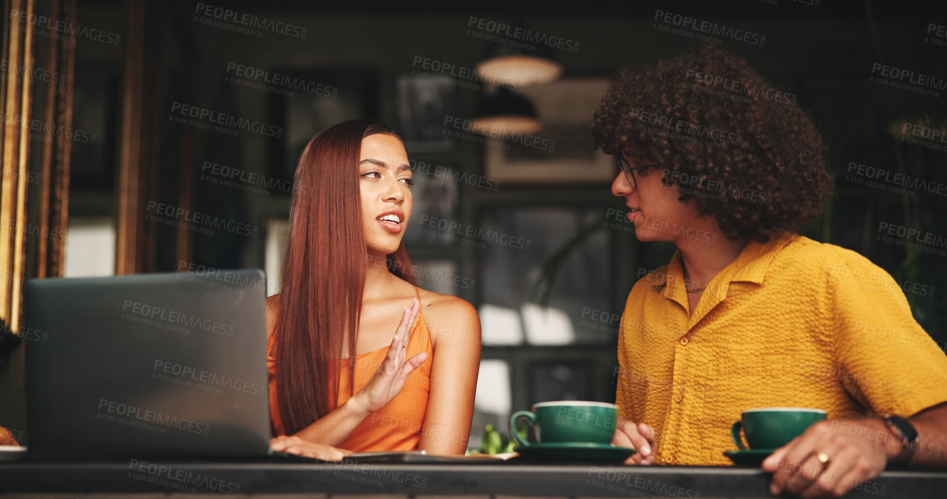 Buy stock photo Disagreement, couple and talking in cafe, upset and conversation in morning, relationship and rejection. Communication, fight and woman with man in coffee shop, laptop and unhappy in restaurant