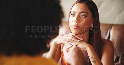 Buy stock photo Thinking, woman and couple on date, coffee shop and disappointed in relationship, unhappy and store. Serious, people and contemplating break up in cafe, silent treatment and customer with partner