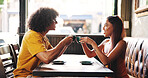 Cafe, couple and coffee with cheers for date, bonding together and connection with talking. Restaurant, woman and man with happiness for tea drink, conversation and beverage toast in relationship