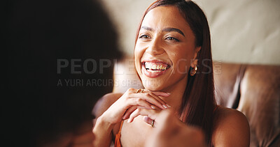 Buy stock photo Couple, date and woman in coffee shop, conversation or bonding together with relationship Smile, man or girl in restaurant, break or comfort with romance, happiness or discussion with support or love