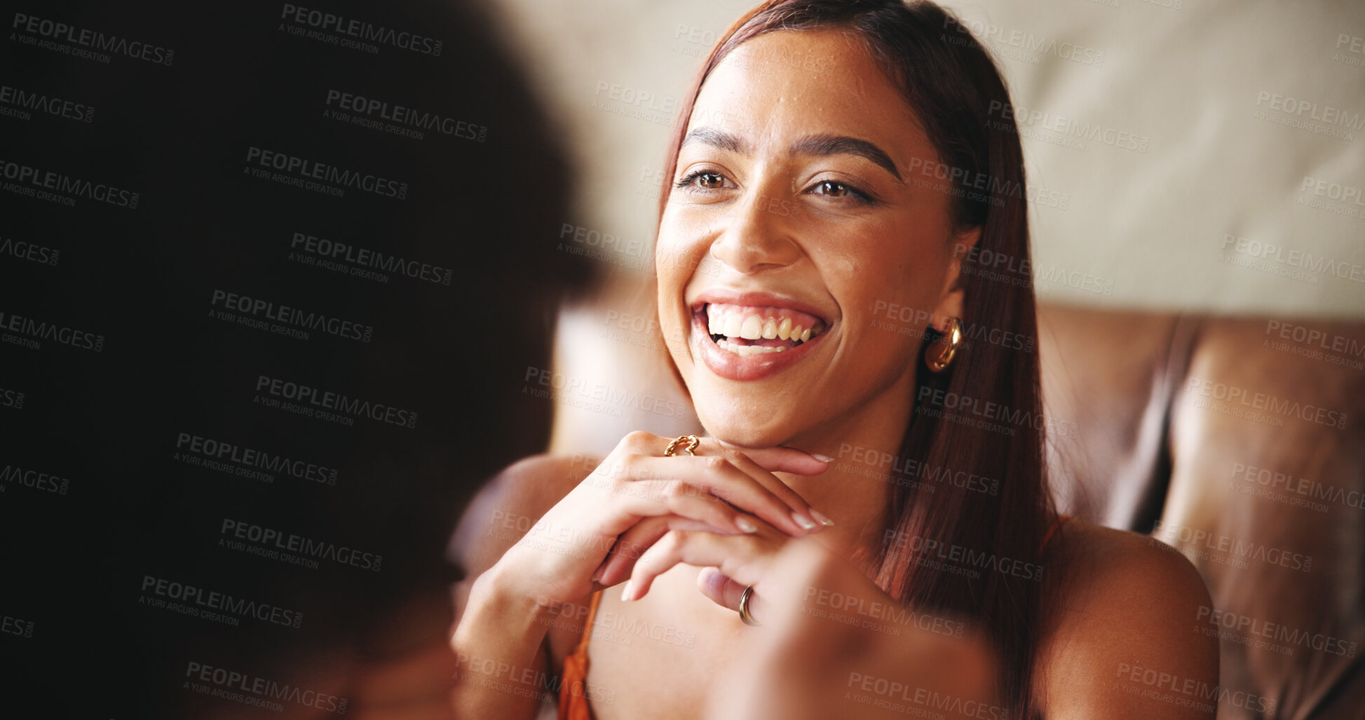 Buy stock photo Couple, date and woman in coffee shop, conversation or bonding together with relationship Smile, man or girl in restaurant, break or comfort with romance, happiness or discussion with support or love