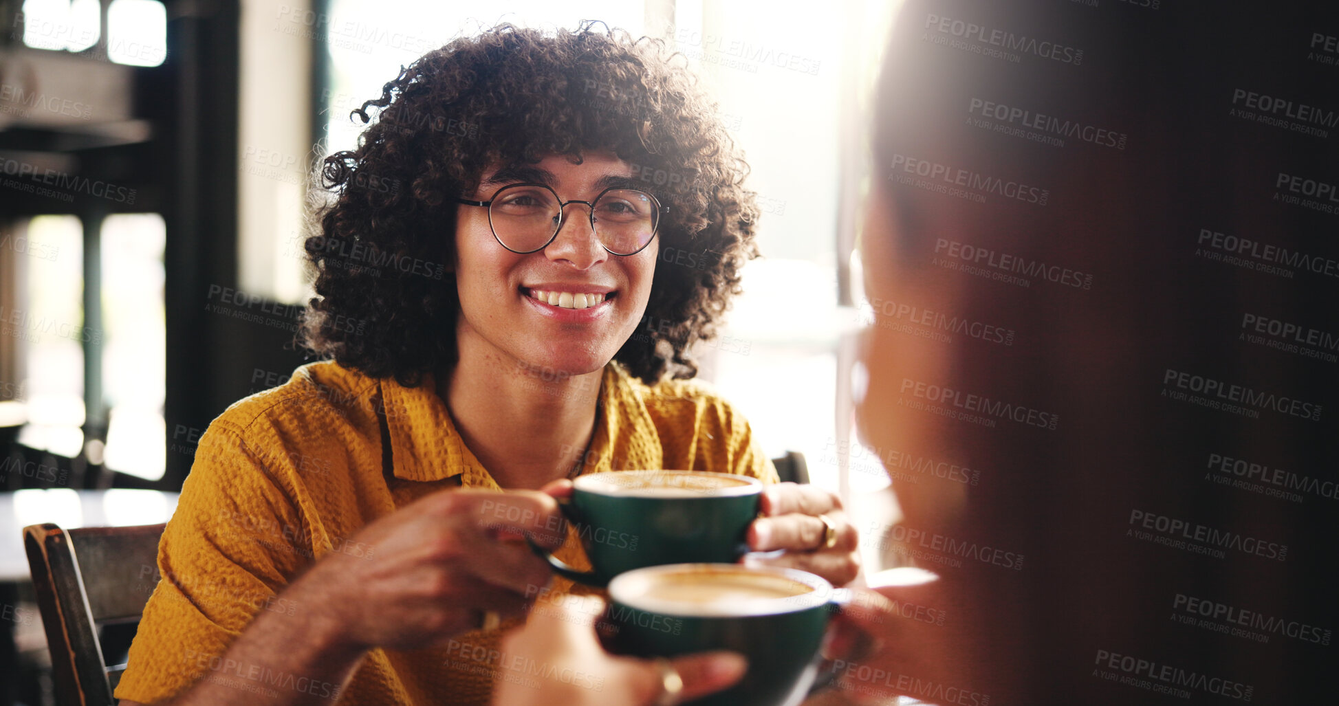 Buy stock photo Couple, man and coffee for date in cafe with bonding, relationship support and conversation. People, happy and cappuccino beverage in restaurant for weekend break, discussion and chatting with relax