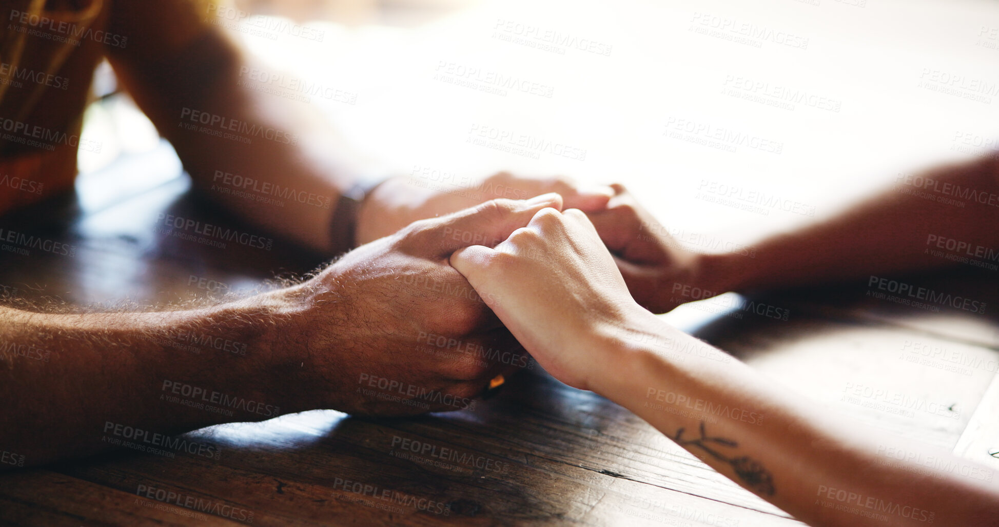 Buy stock photo Closeup, couple and holding hands with care for support, respect and bonding together with trust in marriage. Restaurant, man and woman with compassion for hope, connection and commitment with love