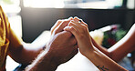 Love, couple and holding hands for care, support and trust on date in restaurant. Closeup, table and comfort with people for relationship, marriage commitment and romantic connection with partner