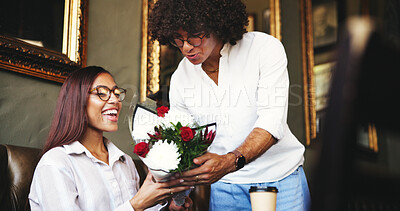 Buy stock photo Restaurant, couple and flowers as present for date, anniversary and bonding together with happiness. Cafe, man and surprised woman with roses bouquet for celebration, romance and love in relationship