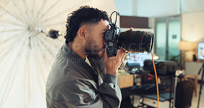 Buy stock photo Photographer, camera and man in studio, equipment and backstage with skills, creativity and project. Person, entrepreneur or guy with professional, business for pictures and media agency for magazine