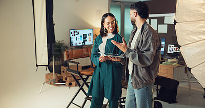 Buy stock photo Photography, team and tablet with people in studio for behind the scenes, planning and production. Discussion, backstage and creative director with man and women on set for photoshoot and magazine