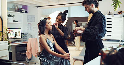 Buy stock photo Accessories, photography or styling with makeup artist and model in studio for behind the scenes preparation. Getting ready, jewelry and woman on production set for catalog or magazine photoshoot