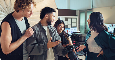 Buy stock photo People, photographer and talk with camera in studio for photoshoot, photo results and production team. Staff, review and tech for fashion photography, catalog and filming process of magazine industry