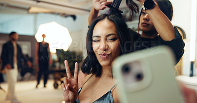 Buy stock photo Woman, stylist and selfie with fashion backstage of photography, social media post and magazine. People, beautician and influencer photoshoot for interview, filming production and bts set of industry