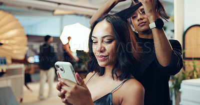 Buy stock photo App, phone or photography with hair stylist and model in studio for backstage preparation. Getting ready, makeup and social media with celebrity woman on set for catalog or magazine photoshoot