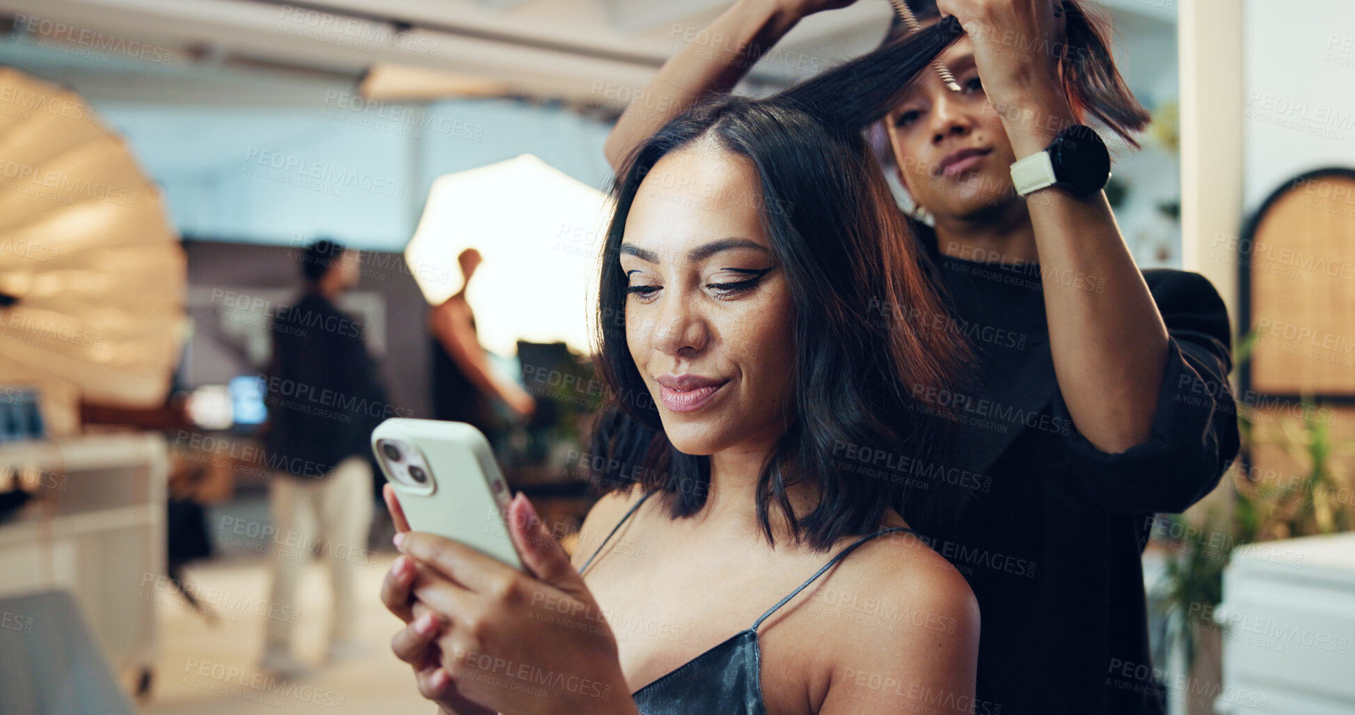 Buy stock photo App, phone or photography with hair stylist and model in studio for backstage preparation. Getting ready, makeup and social media with celebrity woman on set for catalog or magazine photoshoot