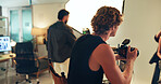 Photography, creative and people in studio, production and pictures for fashion magazine or photoshoot. Backstage, artist and group with project for media agency, camera or equipment for photographer
