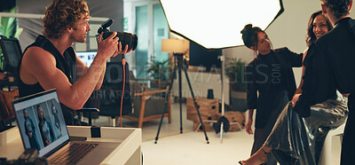 Buy stock photo People, photographer and model with makeup for photoshoot, blog production and teamwork. Studio, group and shooting behind the scenes for fashion photography, magazine catalog and filming process 
