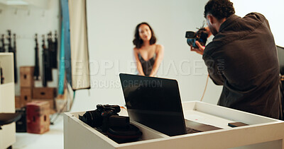 Buy stock photo Photoshoot, photographer and people in studio, artistic and pictures for fashion magazine and production. Backstage, creative and tech for project in media agency, camera or equipment for photography