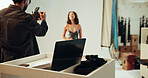 Studio, photographer and people with camera, artistic or pictures for fashion magazine or production. Backstage, creative and tech for project in media agency, photoshoot or equipment for photography