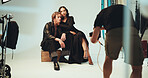 Photoshoot, photographer and people in studio, fashion and photography for magazine, creative and production. Backstage, tech and group with project for media agency, camera or equipment for pictures