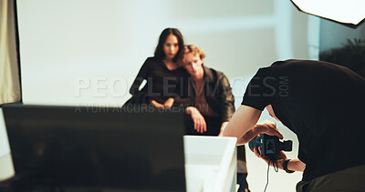 Buy stock photo Photoshoot, model and people in studio, fashion and photography for magazine, confident or production. Backstage, artist and group with project for media agency, camera or photographer with equipment