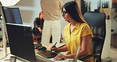 Buy stock photo Studio, woman and photography editor on computer with post production software on graphic tablet. Art, picture retouching and creative design for fashion magazine, drawing and editing media backstage