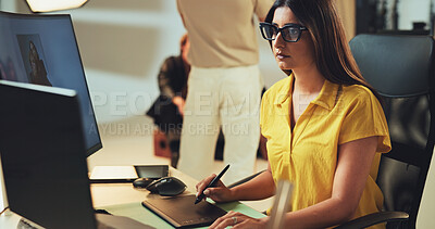Buy stock photo Art, woman and photography editor on computer with post production software on graphic tablet. Studio, picture retouching and creative design for fashion magazine, drawing and editing media backstage