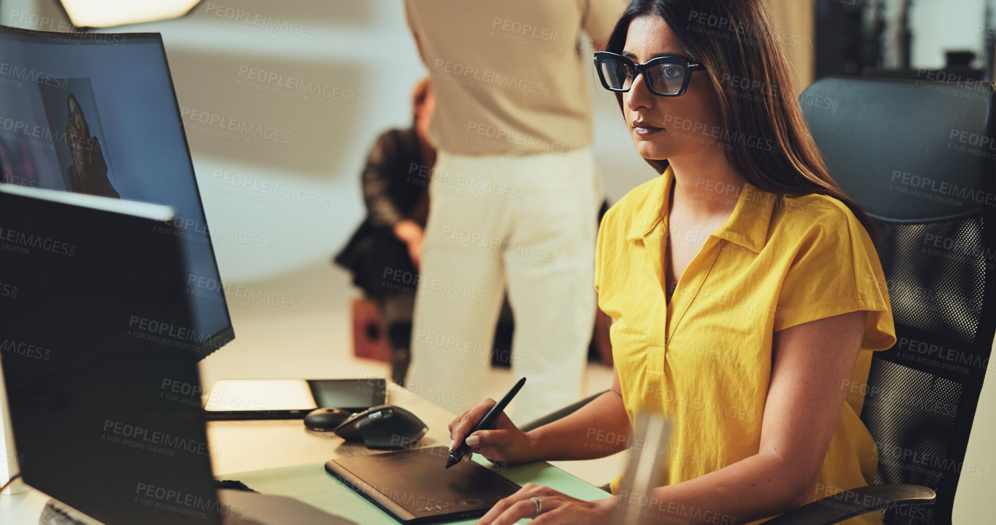 Buy stock photo Art, woman and photography editor on computer with post production software on graphic tablet. Studio, picture retouching and creative design for fashion magazine, drawing and editing media backstage
