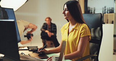 Buy stock photo Retouching, woman and photography editor on computer with post production software on graphic tablet. Studio, design or creative art on laptop for fashion magazine, drawing or editing media backstage