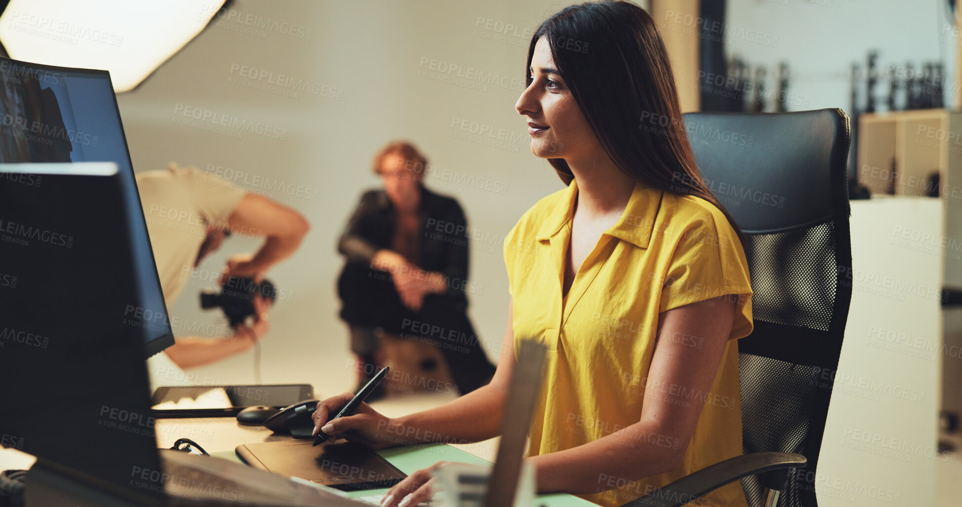 Buy stock photo Retouching, woman and photography editor on computer with post production software on graphic tablet. Studio, design or creative art on laptop for fashion magazine, drawing or editing media backstage