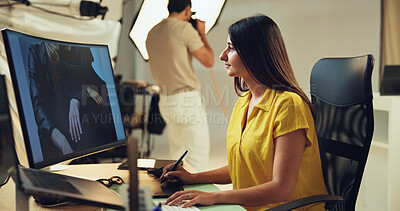Buy stock photo Studio, woman and picture editor on computer with post production software on graphic tablet. Retouching photography, design and creative art for fashion magazine, drawing or editing media backstage