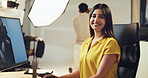 Portrait, woman and photography editor on computer in studio, backstage and post production. Art, image retouching and creative worker, professional or happy person with design for fashion magazine