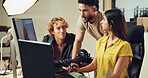 People, computer and teamwork for photography in studio for production results, talking and review. Staff, producer and group to check for fashion photographer, magazine catalog and filming process